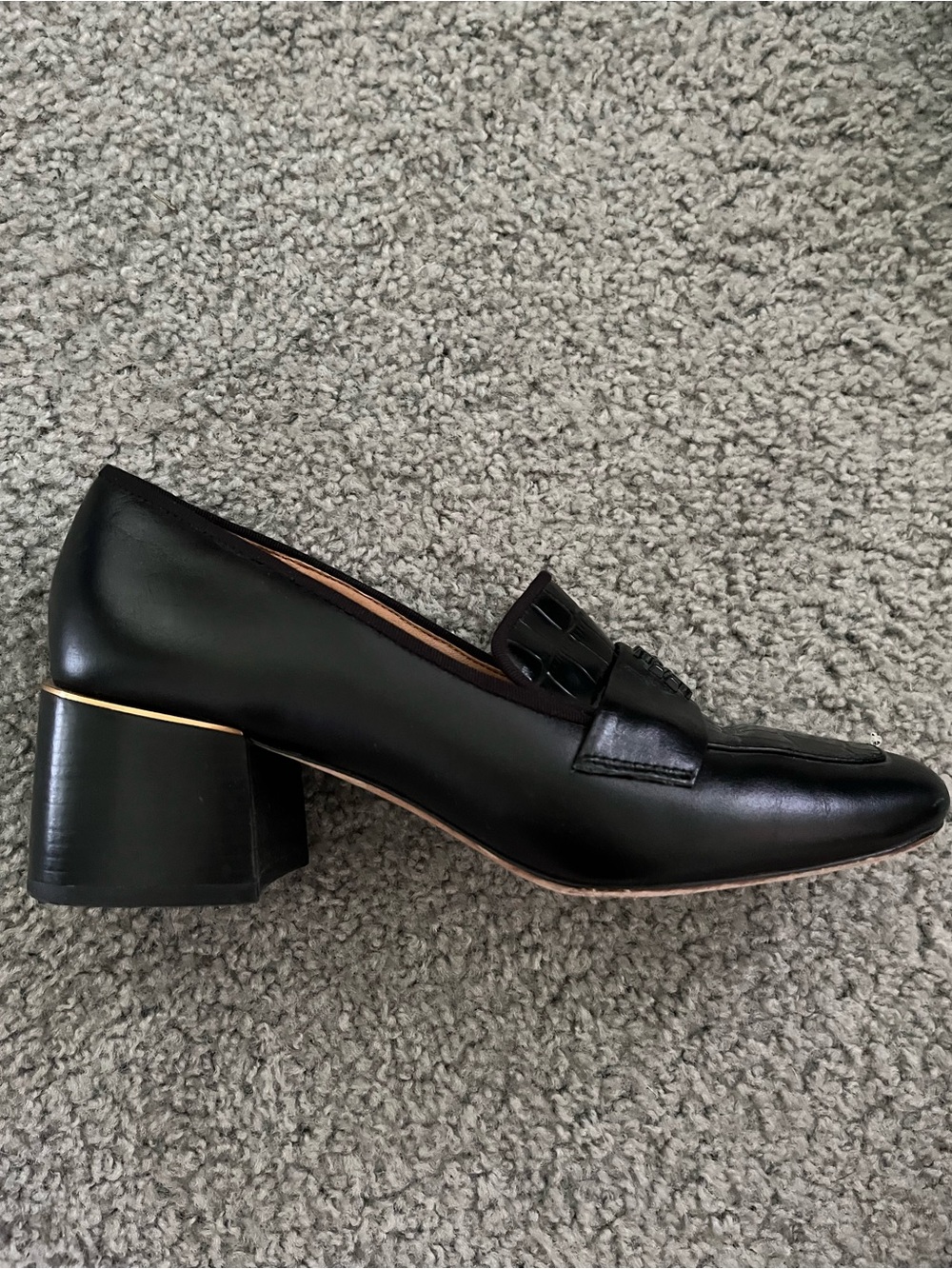 Tory Burch Black Croc-Embossed Leather Loafers with Block Heel - Picture 5 of 7
